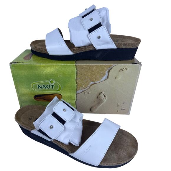 Naot Ashley Sandals 4906 White Leather 2 Strap Slide Cork Women's EU 43 US 12 M - Picture 1 of 12